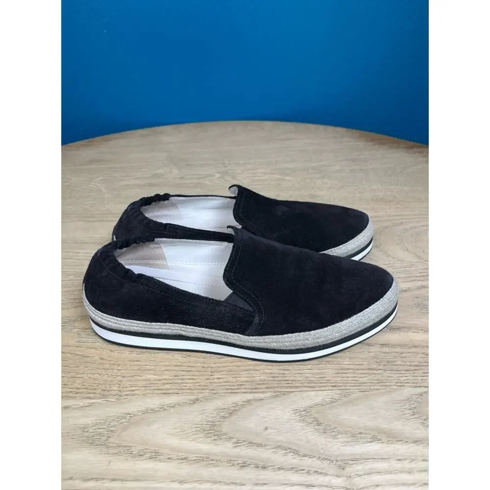 PRADA Saint Tropez Espadrille Slip On Platform Sneakers Black Suede Size 7.5